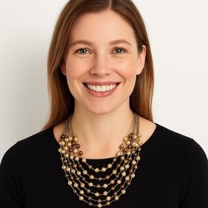 Liz Claiborne Multi Strand Faux Pearl Necklace Gold Tone Champagne  Beads 18"